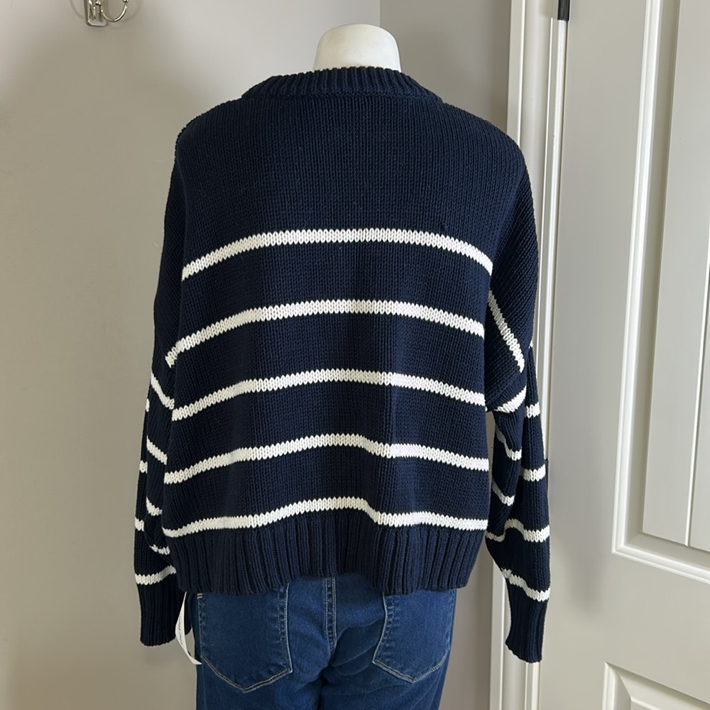 Jenni Kayne Chloe Striped Cotton Crewneck Sweater Boxy Navy Blue White Stripe L - Picture 5 of 11